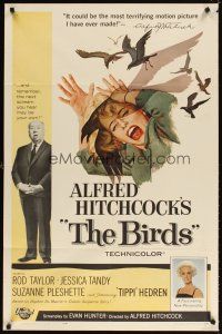 4w513 BIRDS 1sh '63 Alfred Hitchcock shown, Tippi Hedren, art of Jessica Tandy attacked by birds!