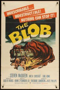 4w518 BLOB 1sh '58 art of the indescribable & indestructible monster, nothing can stop it!