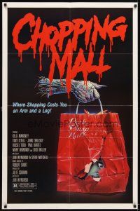 4w543 CHOPPING MALL 1sh '86 K. Akins art of severed hand carrying shopping bag with head in it!