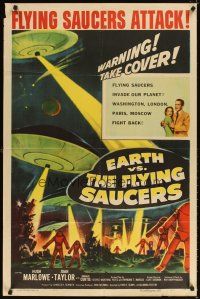 4w579 EARTH VS. THE FLYING SAUCERS 1sh '56 sci-fi classic, cool art of UFOs & aliens invading!
