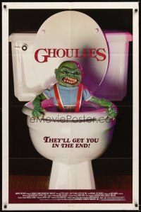 4w606 GHOULIES 1sh '85 wacky horror image of goblin in toilet, they'll get you in the end!