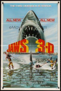 4w643 JAWS 3-D 1sh '83 great Gary Meyer shark artwork, the third dimension is terror!