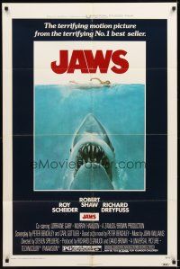 4w640 JAWS 1sh '75 art of Spielberg's classic man-eating shark attacking swimmer!