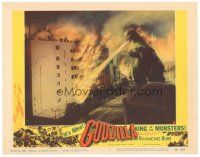 4w069 GODZILLA KING OF THE MONSTERS LC #2 '56 great image of Gojira breathing fire on building!