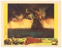 4w074 GODZILLA KING OF THE MONSTERS LC #7 '56 cool c/u of the rubbery monster in water by flames!