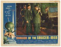 4w227 INVASION OF THE SAUCER MEN LC #4 '57 soldiers with giant walkie talkie, wonderful border art