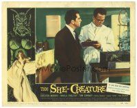 4w311 SHE-CREATURE LC #7 '56 Ron Randell and scientist in laboratory, cool monster border artwork!