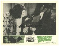 4w338 TOWER OF LONDON LC #2 '62 Vincent Price looks at raven on Richard Hale's arm, Roger Corman!