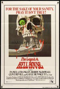 4w649 LEGEND OF HELL HOUSE 1sh '73 great skull & haunted house dripping with blood art by B.T.!