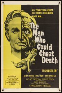 4w657 MAN WHO COULD CHEAT DEATH 1sh '59 Hammer horror, cool half-alive & half-dead headshot art!