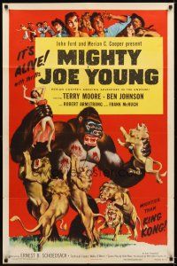 4w663 MIGHTY JOE YOUNG 1sh R53 first Ray Harryhausen, great art of ape rescuing girl from lions!