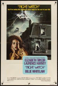 4w679 NIGHT WATCH 1sh '73 Elizabeth Taylor & Laurence Harvey, horror!