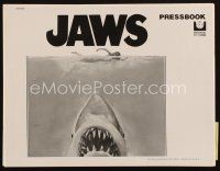 4w816 JAWS pressbook '75 art of Steven Spielberg's classic man-eating shark attacking sexy swimmer!