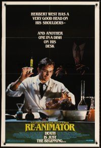 4w704 RE-ANIMATOR 1sh '85 great image of mad scientist with severed head in bowl!