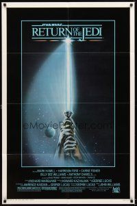 4w707 RETURN OF THE JEDI 1sh '83 George Lucas classic, great artwork of hands holding lightsaber!