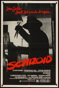 4w722 SCHIZOID 1sh '80 cool silhouette of crazed madman Klaus Kinski attacking with scissors!