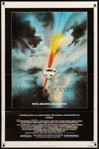 4w740 SUPERMAN 1sh '78 comic book hero Christopher Reeve, cool Bob Peak logo art!