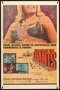 4w764 VILLAGE OF THE GIANTS 1sh '65 classic image of boy in gigantic sexy girl's cleavage!