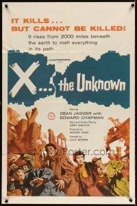 4w779 X THE UNKNOWN 1sh '57 spooky Hammer sci-fi, Dean Jagger, nothing can stop it!