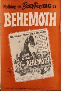 4w806 GIANT BEHEMOTH pressbook '59 cool art of brontosaurus dinosaur monster smashing city!