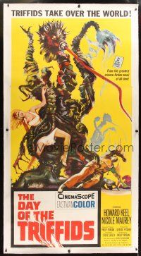 4x082 DAY OF THE TRIFFIDS linen 3sh '62 classic English sci-fi horror, cool art of monster w/ girl!
