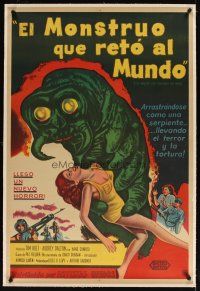 4x057 MONSTER THAT CHALLENGED THE WORLD linen Argentinean '57 cool art of creature & victim!