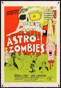 4x059 ASTRO-ZOMBIES linen signed 1sh '68 by Wayne Rogers, Ted V. Mikels, great wild monster art!