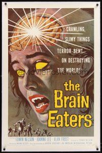 4x061 BRAIN EATERS linen 1sh '58 AIP, classic horror art of girl's brain exploding!