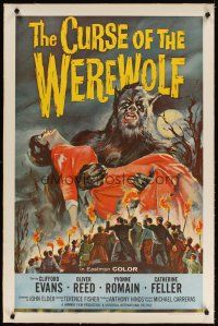 4x064 CURSE OF THE WEREWOLF linen 1sh '61 Hammer, art of Oliver Reed holding victim by Joseph Smith