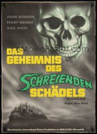 4x054 SCREAMING SKULL linen German '58 fantastic art of huge creepy skull looming over castle!