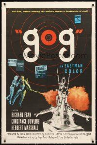 4x069 GOG linen 1sh '54 sci-fi, wacky Frankenstein of steel robot destroys its makers!
