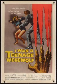 4x070 I WAS A TEENAGE WEREWOLF linen 1sh '57 AIP classic, great art of monster attacking sexy babe!