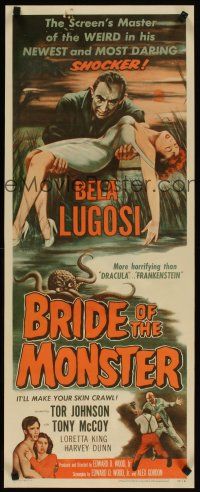 4x005 BRIDE OF THE MONSTER insert '56 Ed Wood, great art of Bela Lugosi carrying sexy girl!