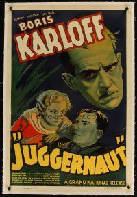 4x071 JUGGERNAUT linen 1sh '37 cool art of Boris Karloff, horror man of the screen without makeup!