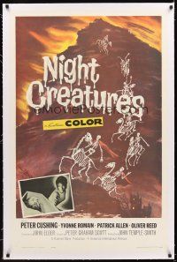 4x073 NIGHT CREATURES linen 1sh '62 Hammer, great horror art of skeletons riding skeleton horses!