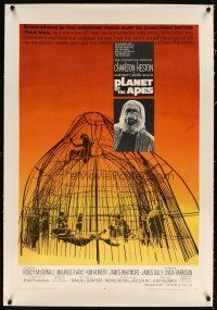 4x075 PLANET OF THE APES linen 1sh '68 Charlton Heston, classic sci-fi, cool art of caged humans!
