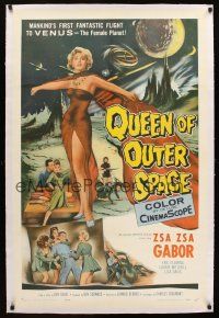 4x077 QUEEN OF OUTER SPACE linen 1sh '58 artwork of sexy full-length Zsa Zsa Gabor on Venus!