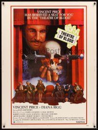 4z347 THEATRE OF BLOOD 30x40 '73 great art of Vincent Price holding bloody skull w/dead audience!