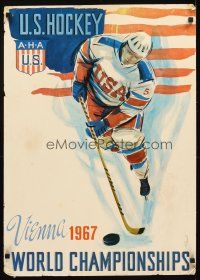 4z111 U.S. HOCKEY VIENNA 1967 WORLD CHAMPIONSHIPS special 21x29 '67 wonderful art of player on ice