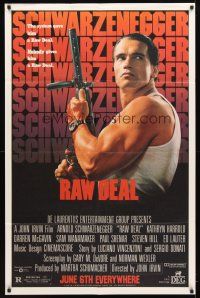 4z301 RAW DEAL half subway '86 great close up of tough guy Arnold Schwarzenegger w/gun!