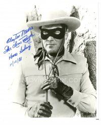 5a694 CLAYTON MOORE signed 8x10 REPRO still '81 wonderful Lone Ranger portrait w/ cool inscription!