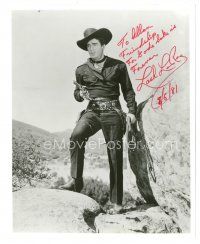 5a801 LASH LA RUE signed 8x10 REPRO still '81 great portrait pointing gun & holding whip!