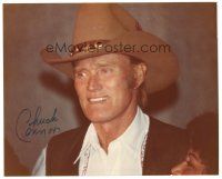 5a691 CHUCK CONNORS signed color 8x10 REPRO still '80s head & shoulders portrait with cowboy hat!