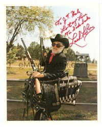 5a802 LASH LA RUE signed color 8x10 REPRO still '90s with gun, whip & saddle late in his career!