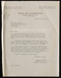 5a068 DINO DE LAURENTIIS signed letter '63 telling agent the spaghetti he sent won't put on weight!
