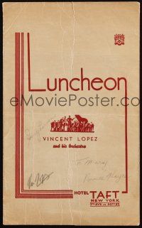 5a293 VINCENT LOPEZ/JERRY LARSON/BRUCE HAYES signed luncheon menu '45 performers at the Taft Hotel!