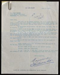 5a059 MAURICE CHEVALIER signed letter '59 saying that he hates Jerry Lewis & won't work with him!