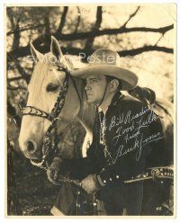 5a451 BUCK JONES signed deluxe 7.75x9.5 still '30s incredible c/u in cowboy gear with his horse!