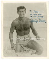 5a522 GEORGE NADER signed 8x10 still '60s great barechested smiling c/u standing in the ocean!