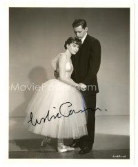 5a578 LESLIE CARON signed deluxe 8x10 still '55 full-length in pretty dress with John Kerr in Gaby!